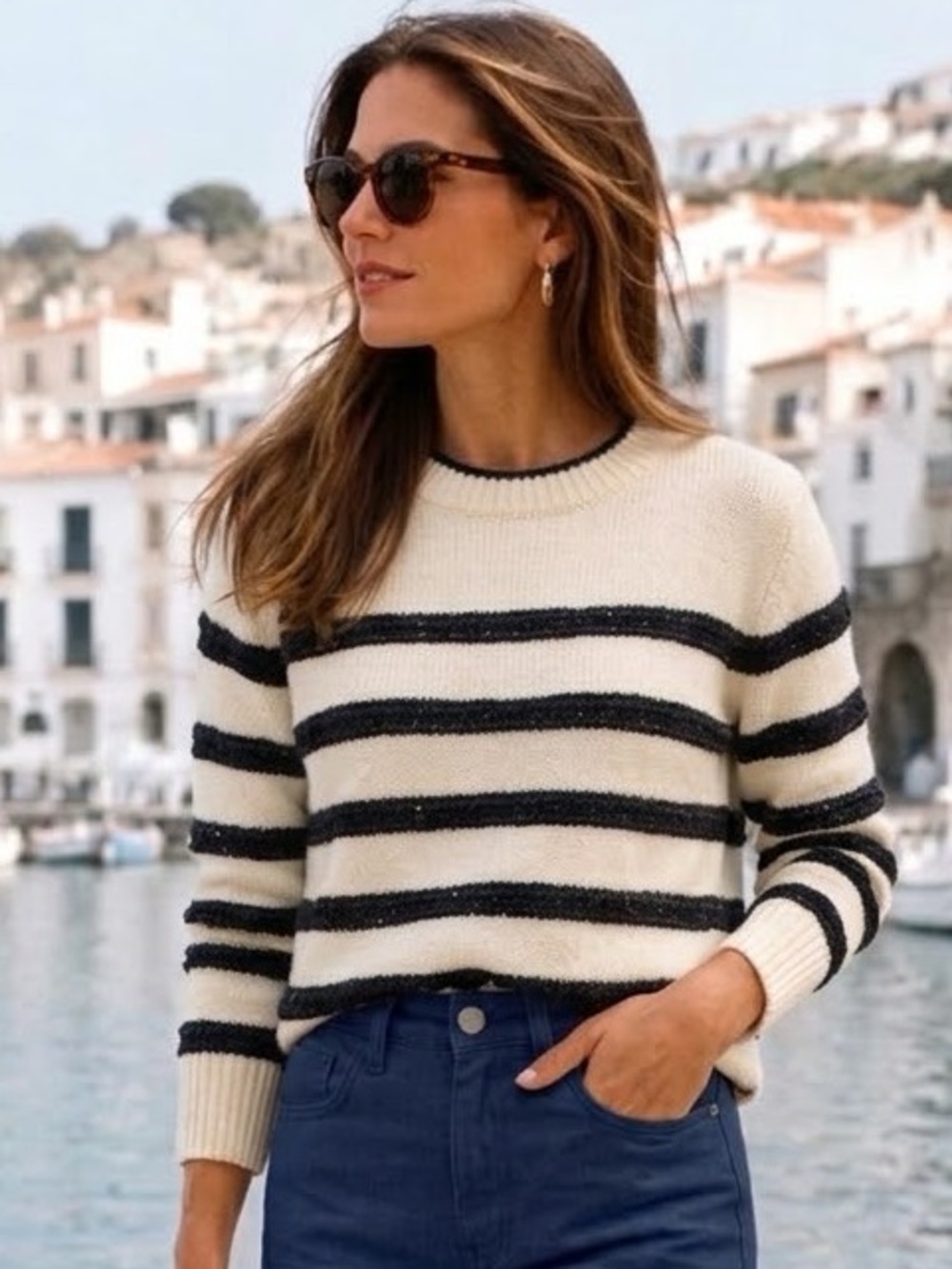 ST. JOHN $595 Shimmer Striped Crewneck Sweater Viscose Wool Blend